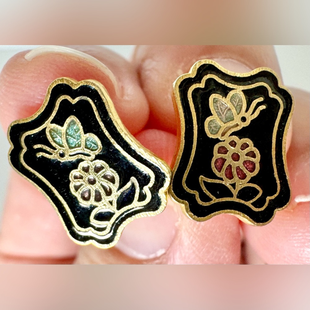 Vintage Gold-tone Enamel Butterfly Plaque Cloisonné Stud Earrings